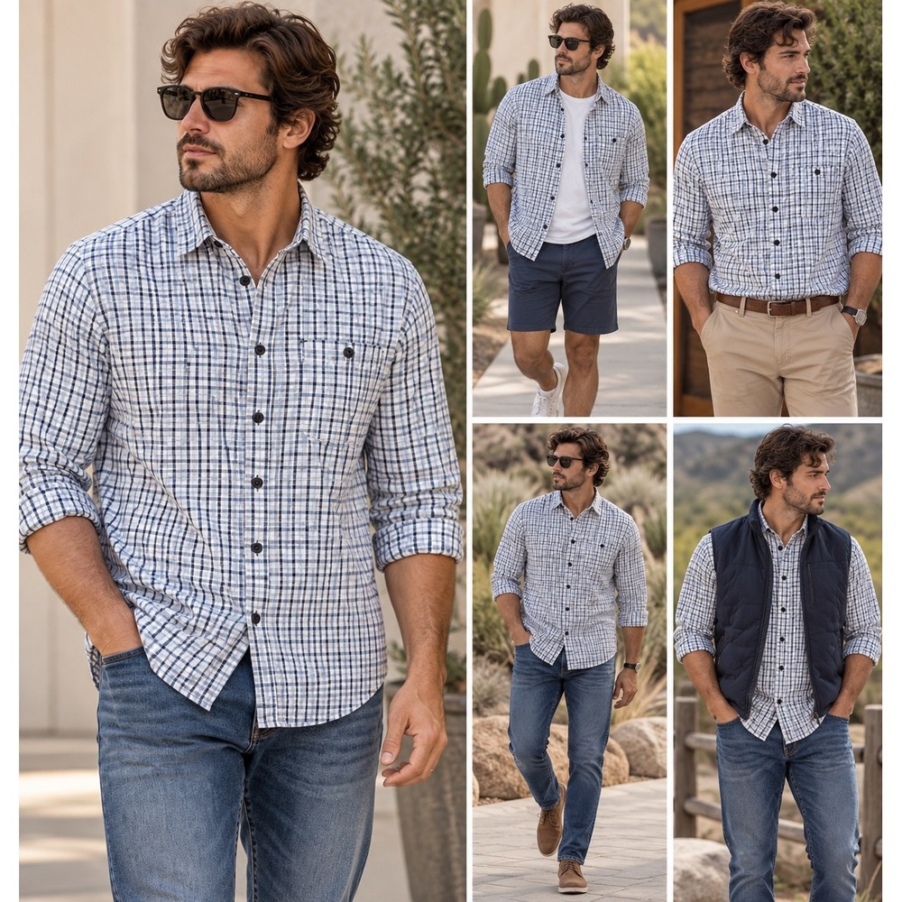Eddie Bauer Shirt Mens XXL Blue White Plaid Cotton Button Up Long Sleeve Classic